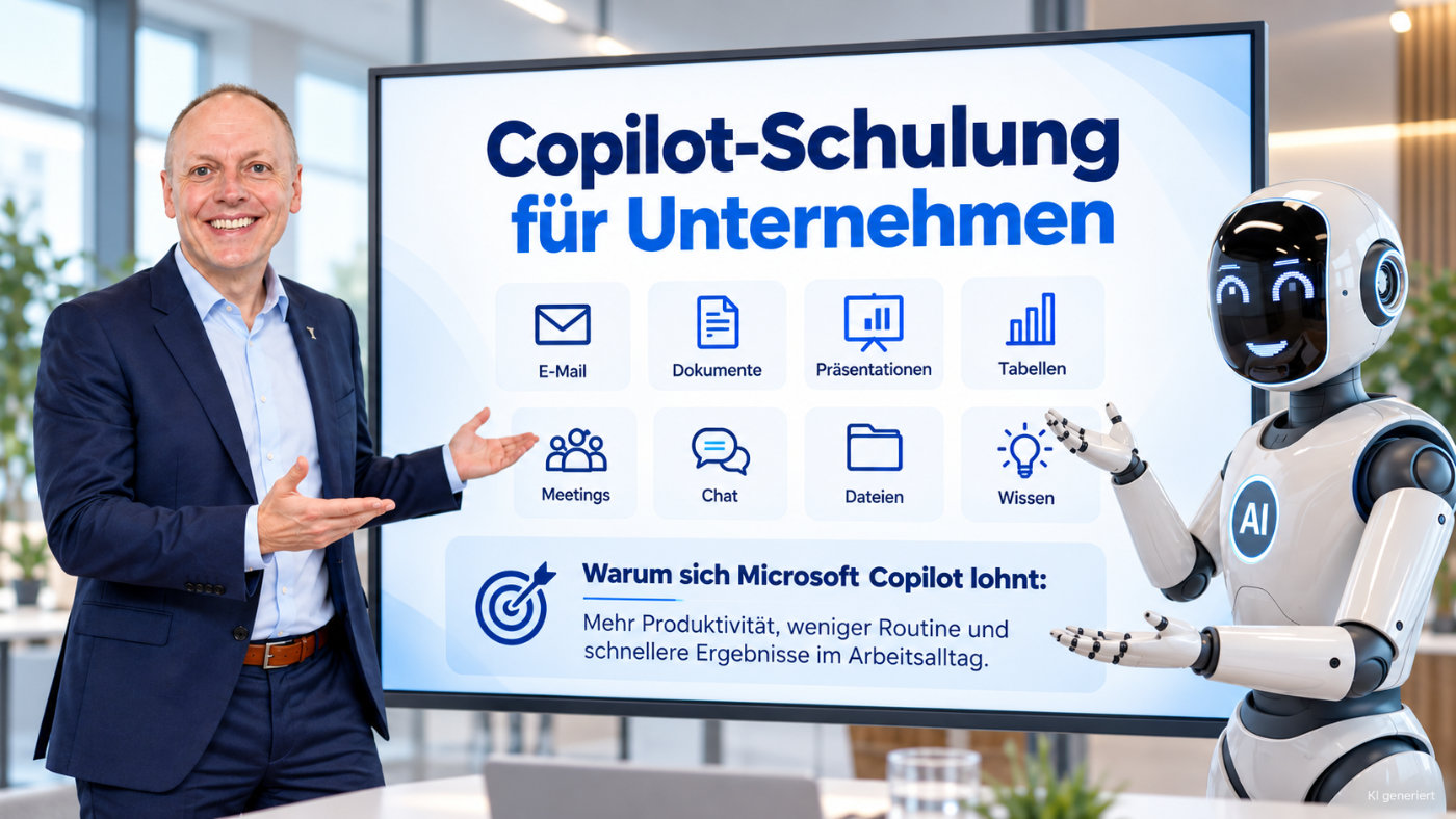 Copilot-Schulung für Unternehmen mit Sascha Hummel und KI-Assistenten