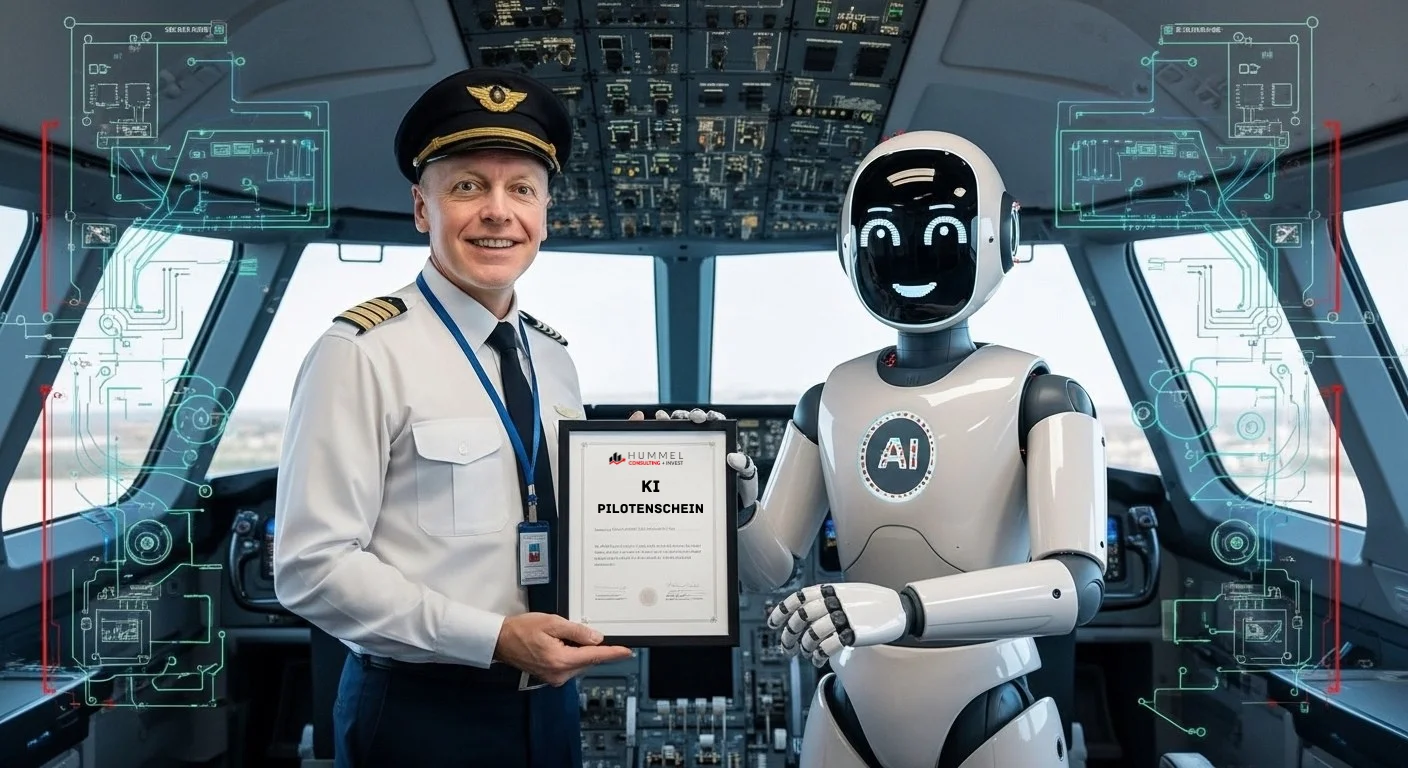 Illustration zum KI-Pilotenschein: ein Pilot und KI-Assistent Bud präsentieren ein Zertifikat